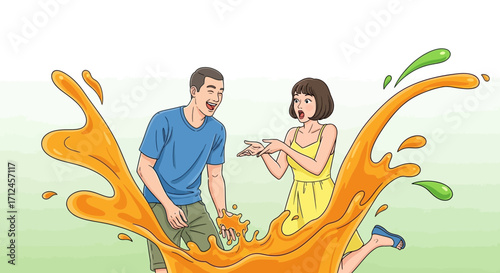 Couple's Energetic Reaction to a Refreshing Liquid Splash Depicts a Fun Moment