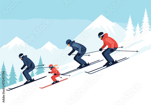 A family enjoys a day of skiing down a snowy mountain.