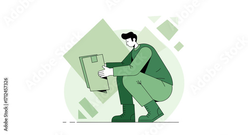 Courier Squatting And Holding Package Demonstrating Delivery And Transportation Services