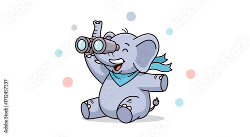 Curious Elephant Observes Something Through Binoculars, Cartoon Illustration Concept Art