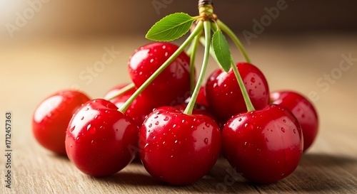 A cluster of ripe red cherries on a wooden surface.