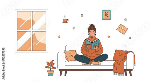 Cozy Afternoon: Woman Reading Book And sipping Tea At Home In A Warm Ambiance