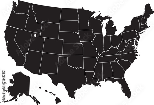 USA Map Silhouette in Black and White | United States Outline for Geographic Education, Political Cartography, and Business Presentations
