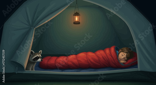 Cozy Camping Night With A Sleeping Person And An Adorable Raccoon Companion
