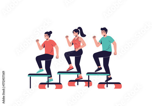 Three people doing step aerobics together.