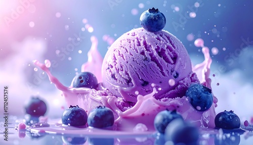 Purple ice cream scoop with blueberries and splash