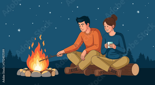 Cozy Couple Enjoying Campfire: Nighttime Bonding and Stargazing Together