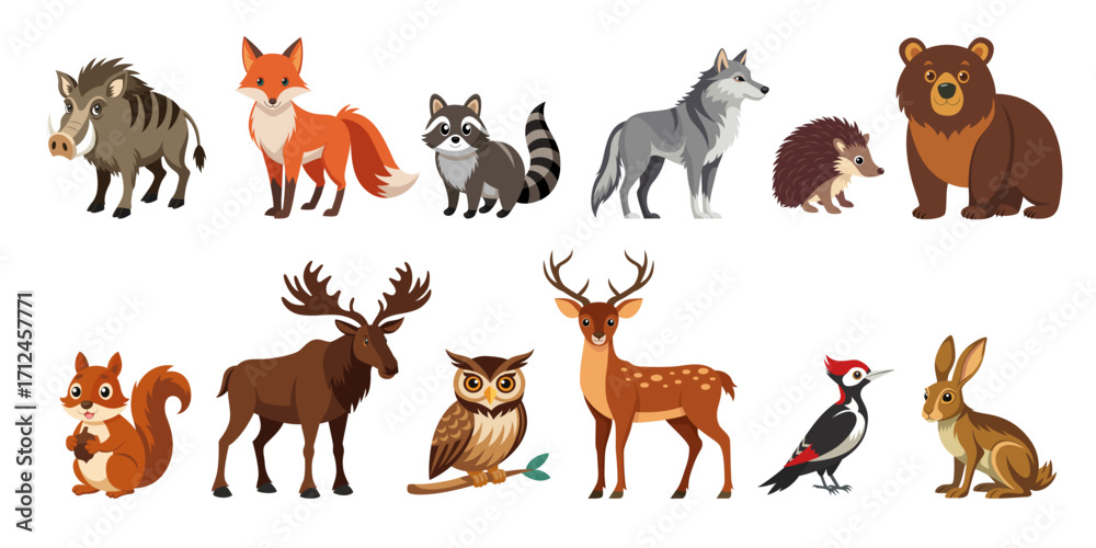 Fototapeta premium Wild forest animals cartoon set. Vector illustration of woodland creatures isolated on white background.