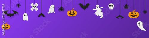 Purple Halloween banner with hanging ghosts, carved jack o lanterns, skulls, bats and dangling spiders. Vector spooky icons across horizontal backdrop ideal for seasonal party headers.