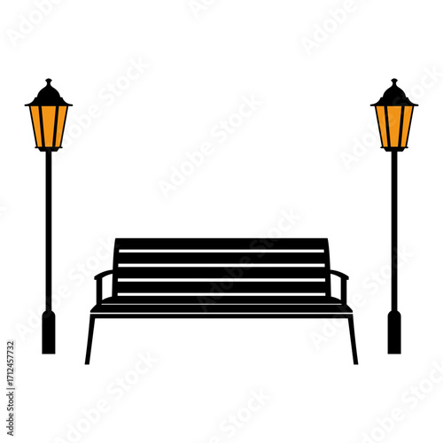 Silhouette of Park Bench with Street Lamps Vector Illustration. A park scene featuring a simple wooden bench placed between two classic street lamps.
