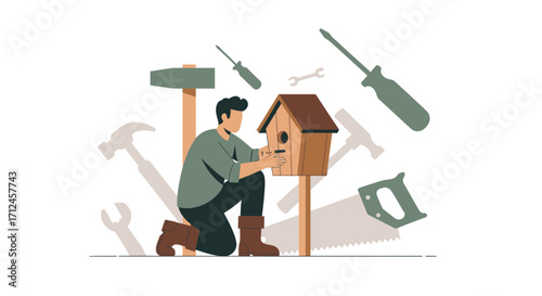 Craftsman Assembling Birdhouse With Tools, Creative Work Depicting A Home Project