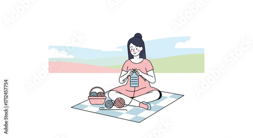 Crafting Tranquility: A Peaceful Scene of a Woman Knitting Outdoors on a Picnic