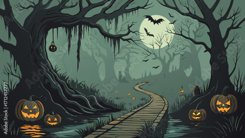 Spooky Halloween Night in a Dark Creepy Forest