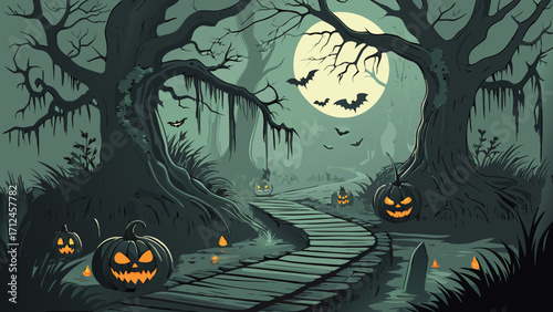 Spooky Halloween Night in a Dark Creepy Forest