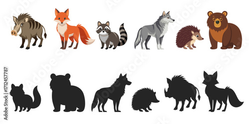 Wild forest animals with silhouettes. Vector illustration of woodland creatures including fox, bear, wolf, boar, raccoon and hedgehog with black shadow shapes isolated on white background.