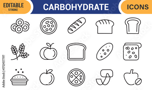 Editable vector carbohydrate icons with bread, grains, and fruit outline symbols