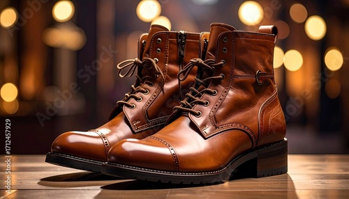 Leather Ankle Boots on Wooden Surface With Bokeh Background in Warm Light