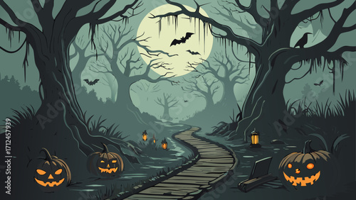 Spooky Halloween Night in a Dark Creepy Forest