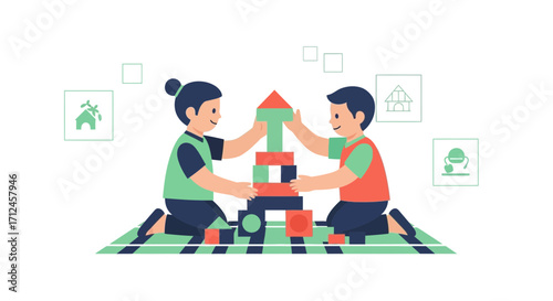 Children Joyfully Constructing Tower Using Colorful Blocks, Illustrating Teamwork and Playtime