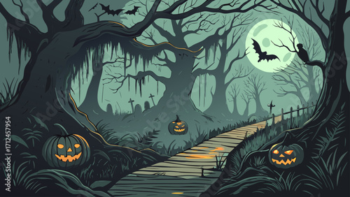 Spooky Halloween Night in a Dark Creepy Forest
