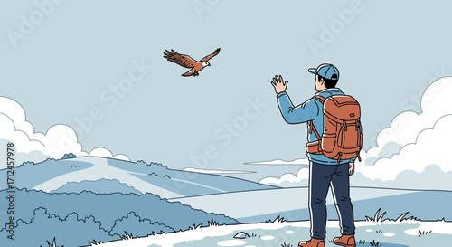 Birdwatching Man Appreciates Magnificent Hawk's Flight Against Scenic Landscape Vista