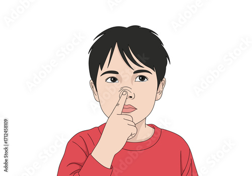 A young child is picking their nose with a finger.