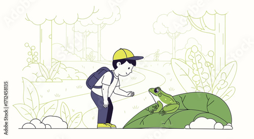 Curious Explorer Encountering Pond Dweller In A Serene, Forest-Like Setting