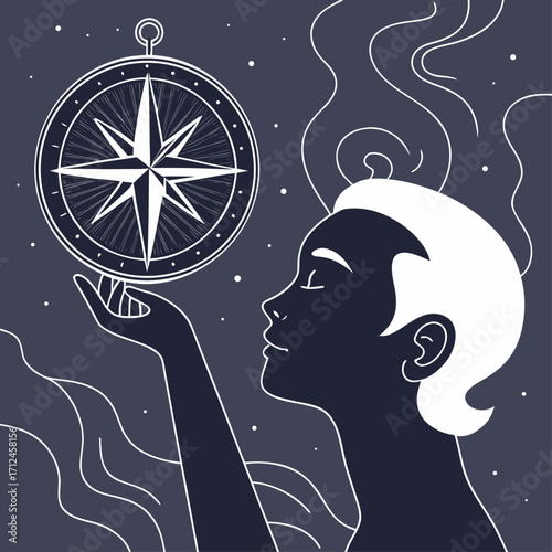 Finding your inner compass, A person holding a compass for guidance and direction, Line art vector illustration - Generative AI

