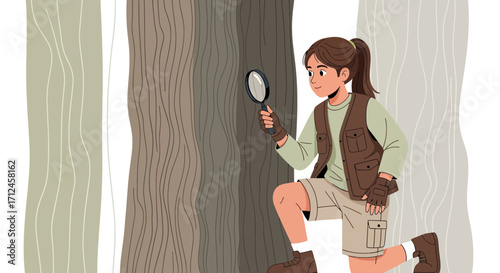 Curious Explorer Examining Tree Bark With Magnifying Glass In Forest Setting