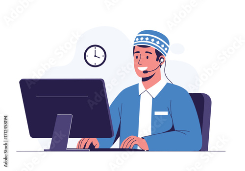 A Muslim man working as a customer service representative.