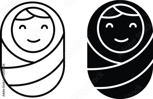 Newborn Baby Swaddle Icon – Cute Infant Wrapped Vector Symbol in Black and White..eps