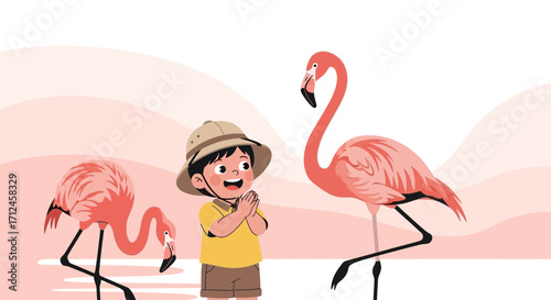 Curious Explorer Observes Graceful Flamingos in Their Natural Habitat Illustration
