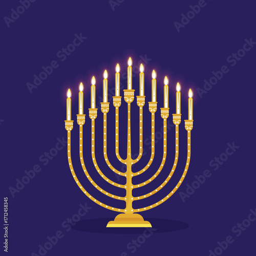 An elegant and ornate golden menorah with nine burning candles. A beautiful, traditional symbol for the Jewish holiday of Hanukkah on a rich purple background.