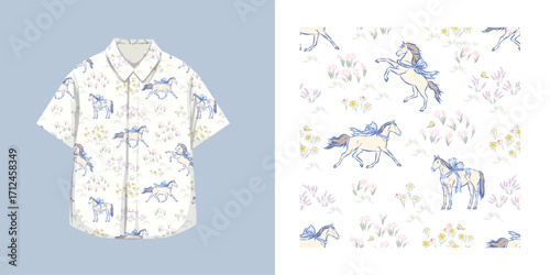 Seamless pattern of horse and meadow isolated on transparent  background