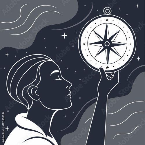 Spiritual guidance and finding life's purpose, A person with a compass in the starry night, Vector illustration - Generative AI
