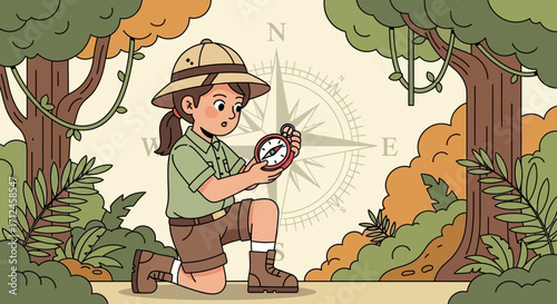Curious Explorer Using Compass to Navigate Lush Jungle Path, Discovering Wilderness