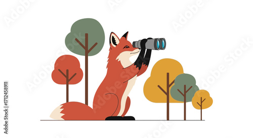 Curious Fox Observes Nature With Binoculars Amidst Colorful Forest Scenery