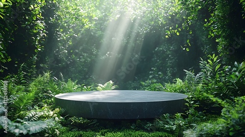 A dark empty stone podium rests in a lush green forest illuminated by ethereal sunbeams filtering through the canopy