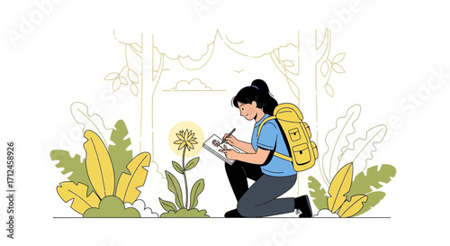 Botanical Exploration: Illustrative Depiction Of Naturalist Sketching Floral Specimen