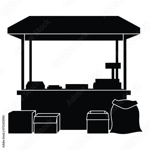 Silhouette of a traditional market stall with goods ready for sale displayed silhouette