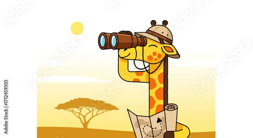 Curious Giraffe Explores Savannah Using Binoculars and A Map Under The Sun
