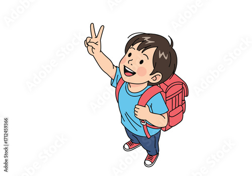 A happy young boy with a backpack shows a victory sign.