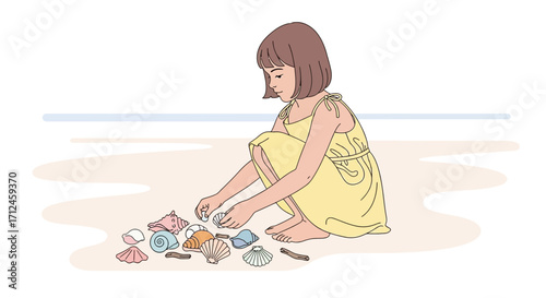 Child Exploring Beach Treasures, A Serene Scene of Coastal Discovery And Summer Fun