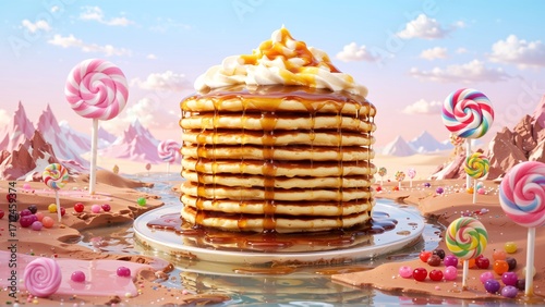 A Sweet Escape: Towering Pancakes with Caramel Drizzle in a Candy Wonderland, a Delicious Dreamscape Come to Life.