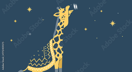 Curious Giraffe Gazing Through a Telescope at Night Sky, Constellations, and Stars