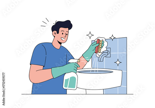 A happy man is cleaning the dishes in the sink.