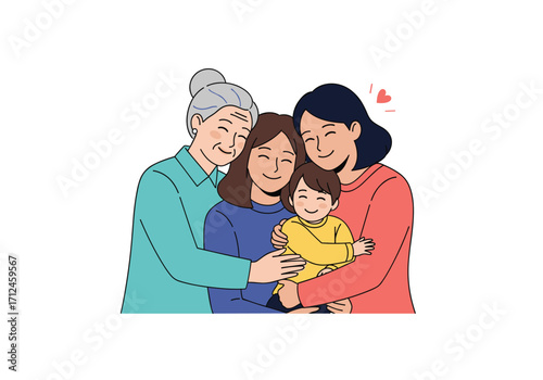Four generations of women embracing each other happily.
