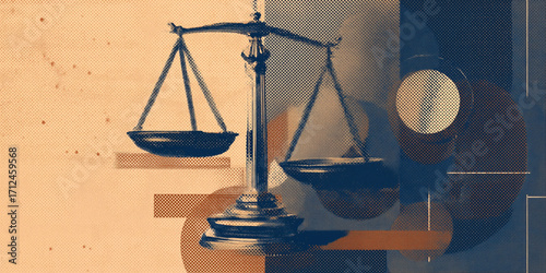 The scales of justice over a halftone modern abstract background. Law firm, lawyer, attorney graphic for personal injury, medical malpractice or defense law firm website