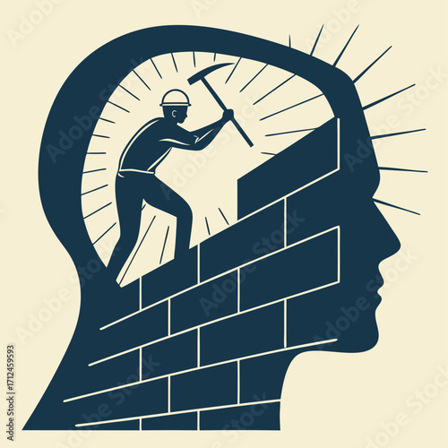 Building a growth mindset, A worker constructing a wall inside a human head, Vector illustration - Generative AI

