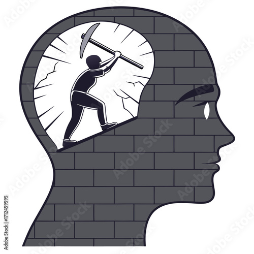 Breaking mental barriers, A person with a pickaxe breaking down a wall in their mind, Vector illustration - Generative AI
